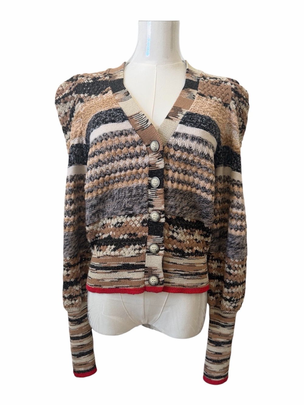 Veronica Beard Cecily Striped V-Neck Textured Button Cardigan Wool blend size S